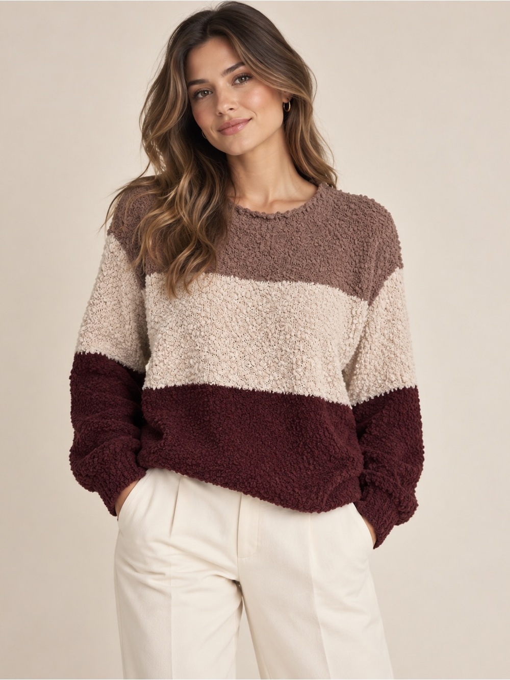 Altar'd State Three-Tone Sherpa Crewneck Sweater - Brown, Cream & Taupe Sz XS